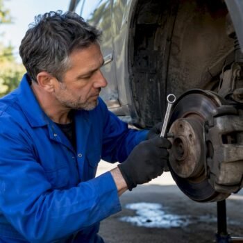 Mechanic bleeding car brakes in garage