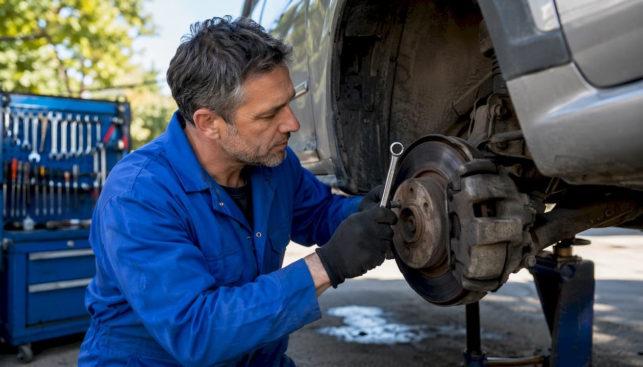 Mechanic bleeding car brakes in garage