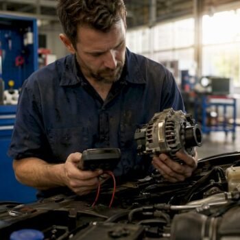 Mechanic testing alternator with multimeter in workshop