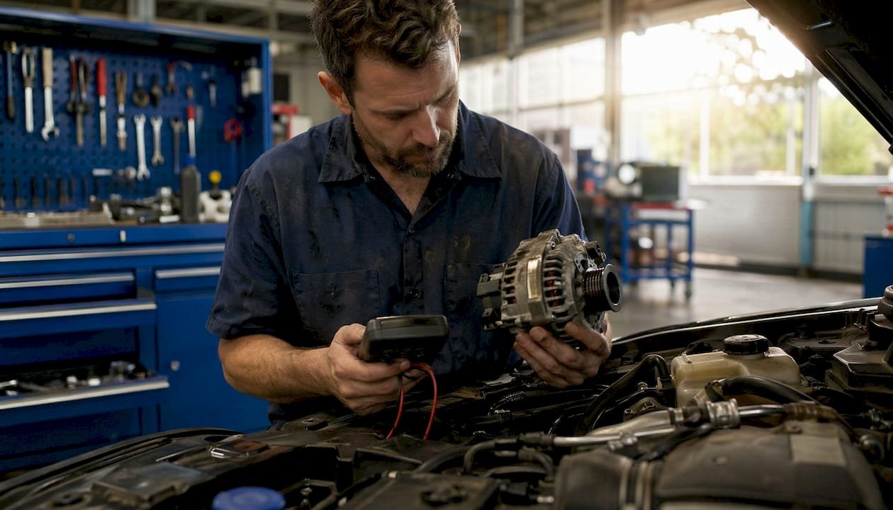 Mechanic testing alternator with multimeter in workshop