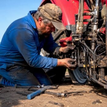 Mechanic inspecting tractor hydraulic hoses