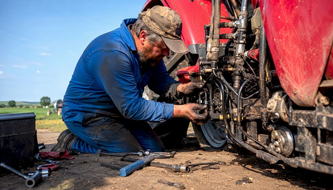 Mechanic inspecting tractor hydraulic hoses